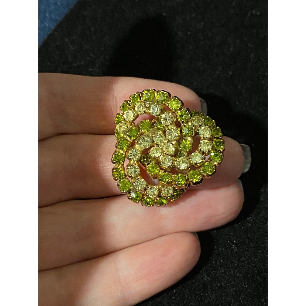 Vintage Made in Austria Crystal Rhinestone Love Knot Pin Green & Clear